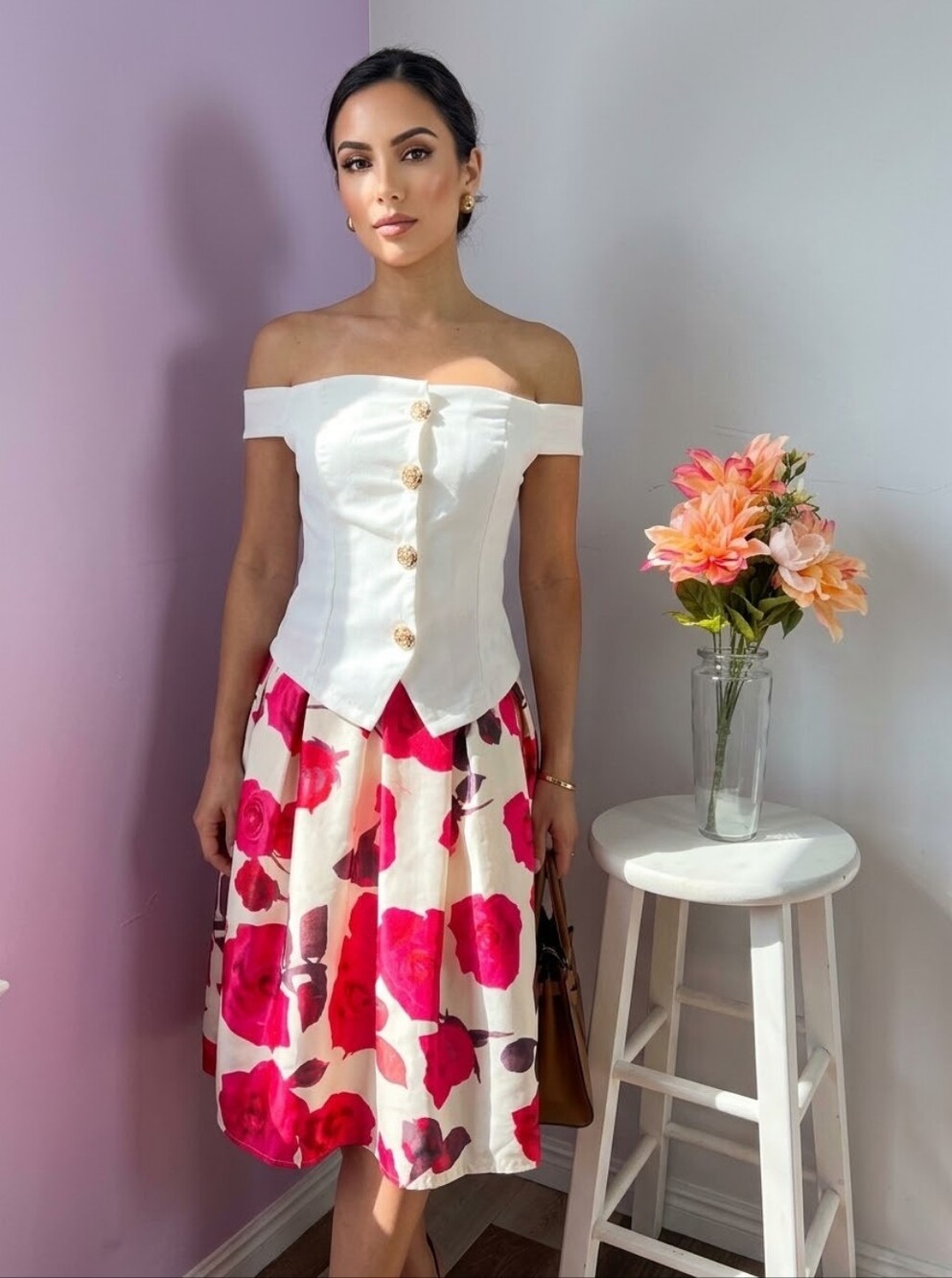 Elegant Rose Print Satin Midi Skirt - Size M